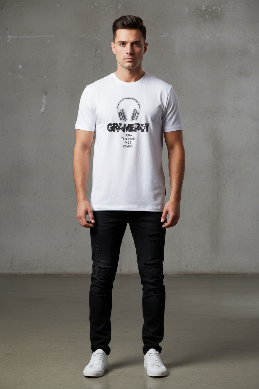 Gramercy Headphones Tee – White model photo
