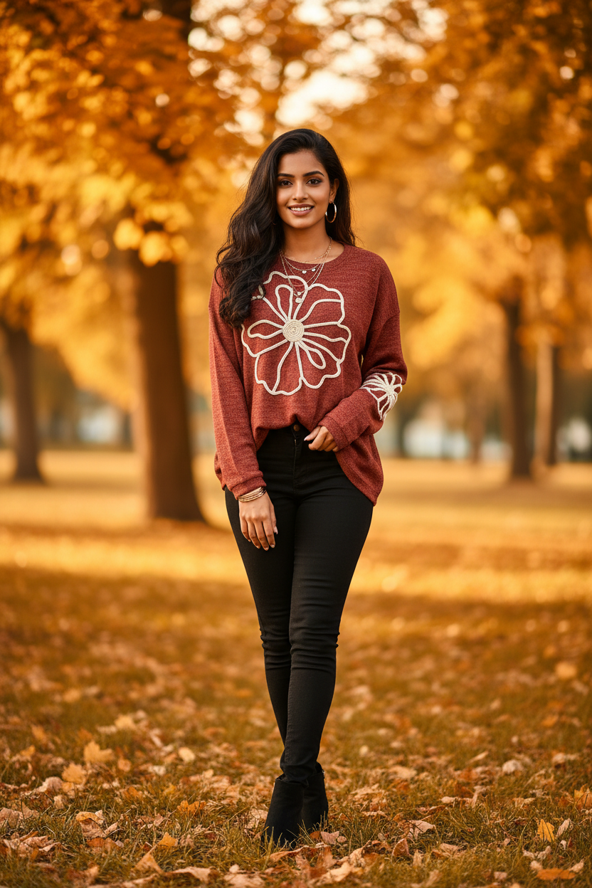 Indian model wearing Floral Embroidered Knit Sweater in Rust Red – autumn park