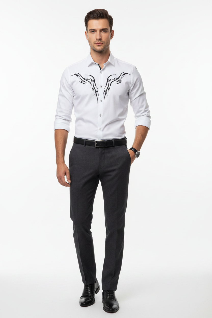 Male model wearing white abstract pattern shirt untucked with dark trousers