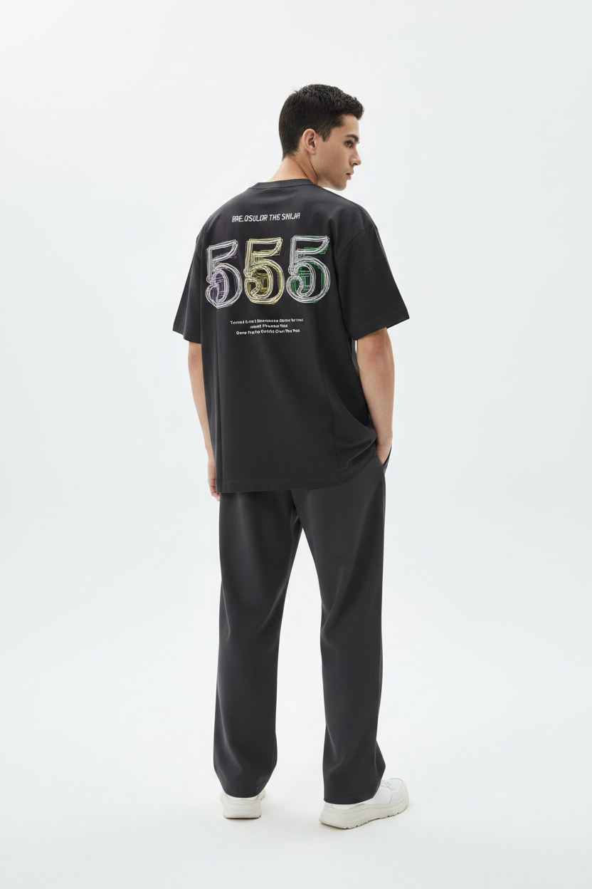 555 Graphic Tee – Charcoal model back view
