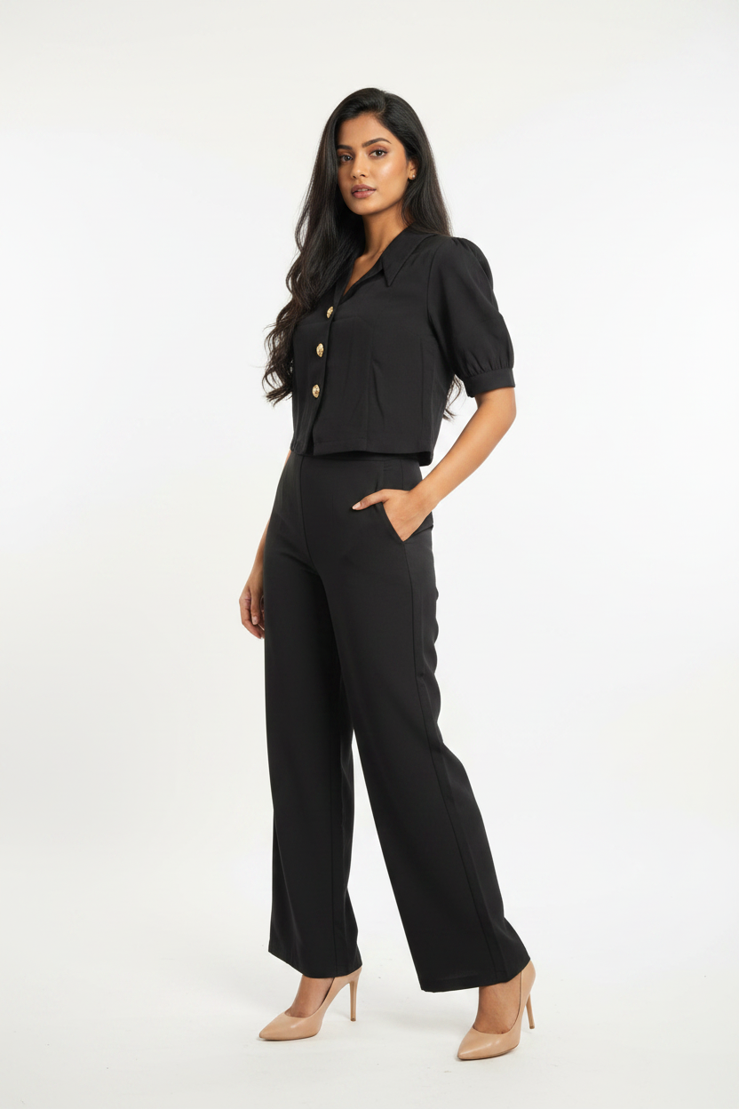 Indian model wearing black puff sleeve blazer set - three quarter view
