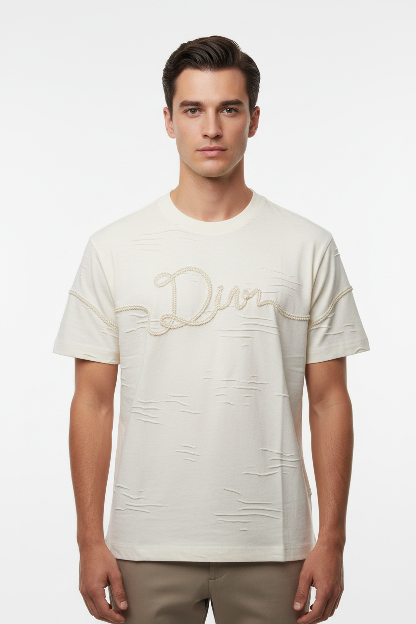 Pearl Script Embroidery Tee – Cream model photo