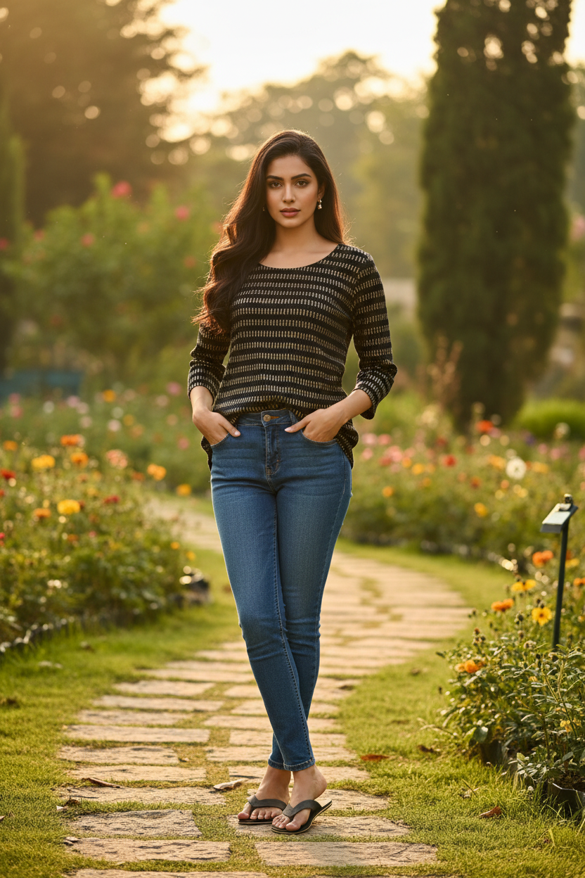 Geometric Stripe Knit Top - outdoor lifestyle model photo
