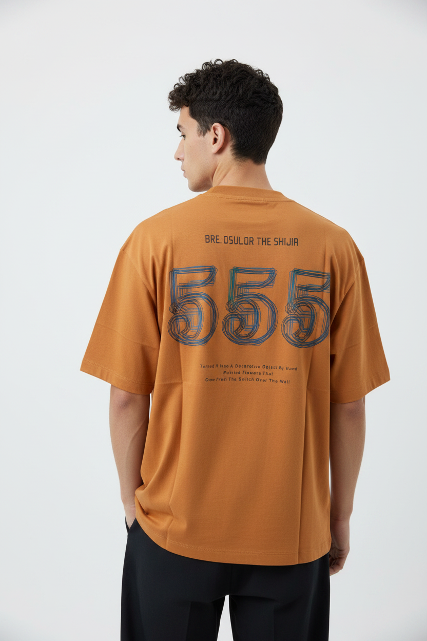 555 Graphic Tee – Caramel model back view