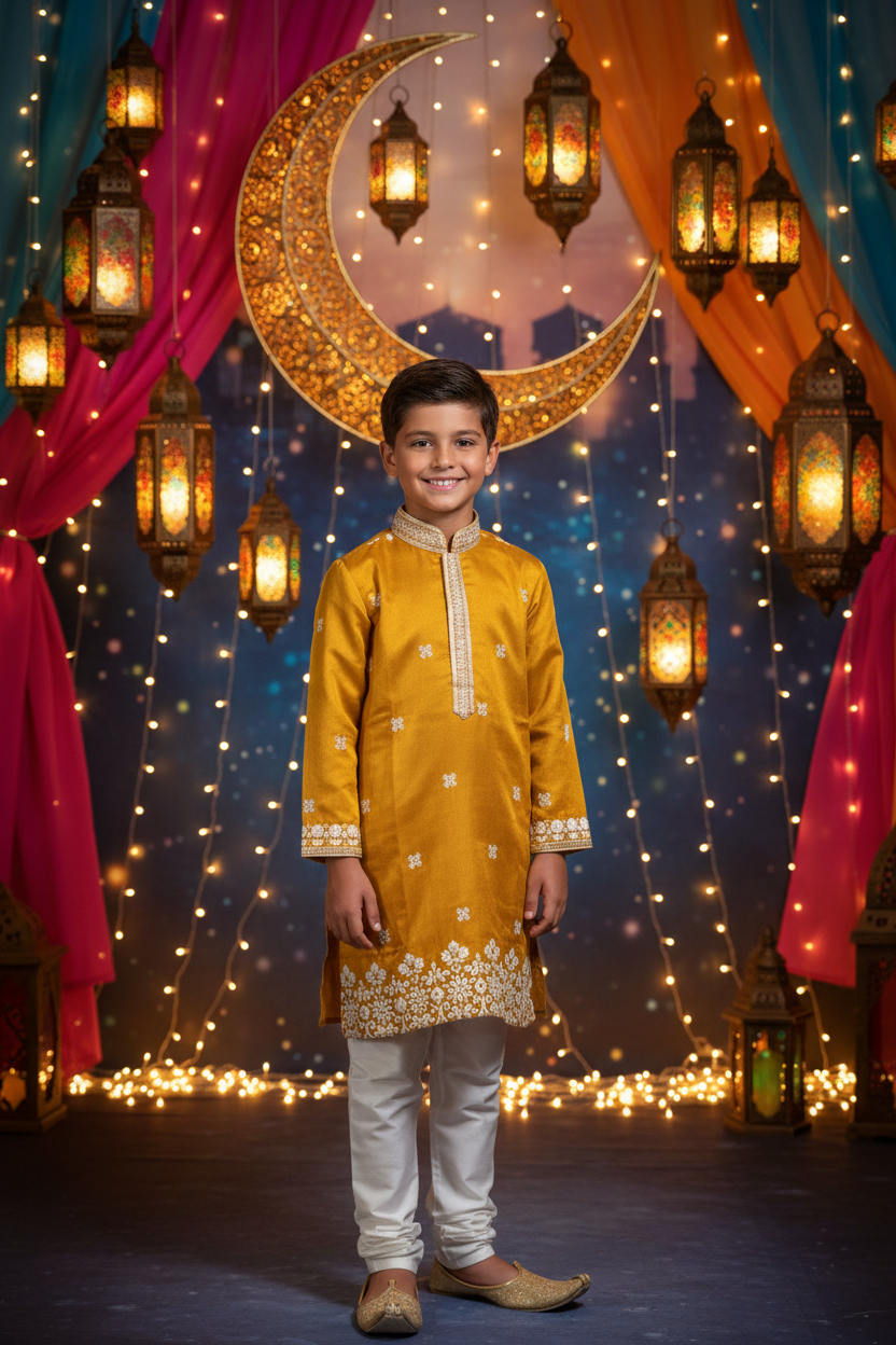 Boys Mustard Gold Kurta Set – Kiwi boy model Eid festival background