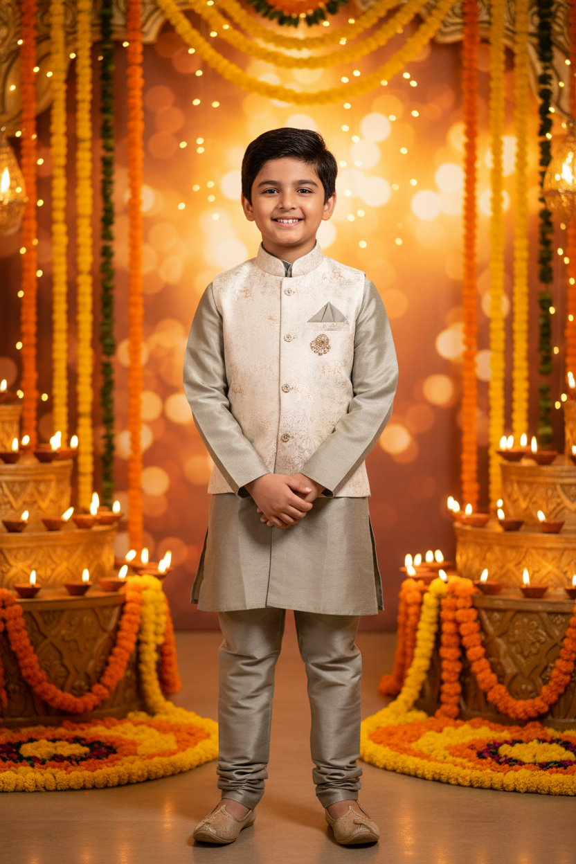 Boys Silver Grey Kurta Koti Set – Indian boy model Diwali festival background