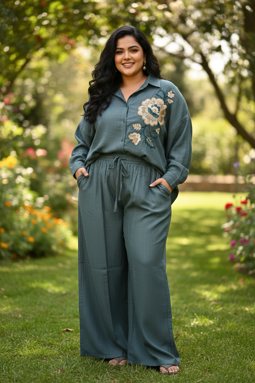 Embroidered Flower 2-Piece Set - Slate Grey plus size model
