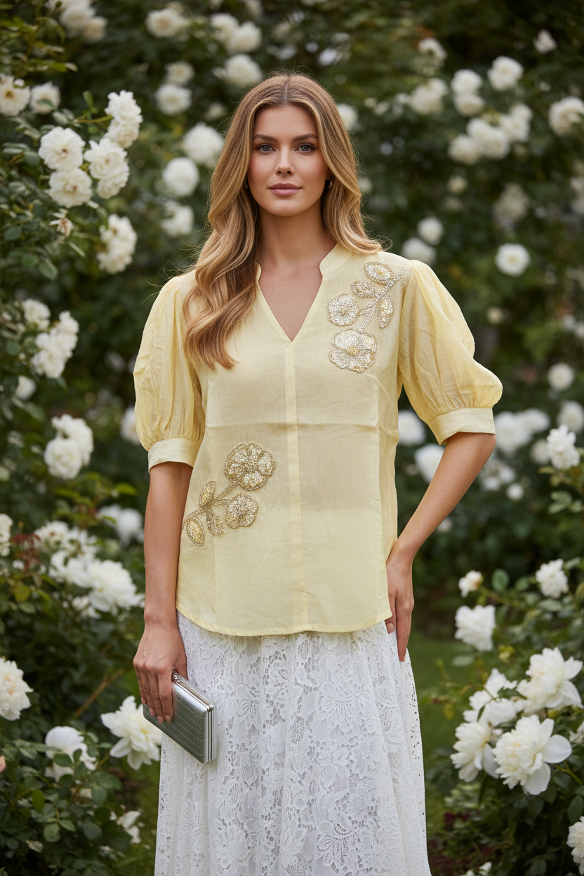 Floral Sequin Puff Sleeve Blouse - Butter Yellow on model