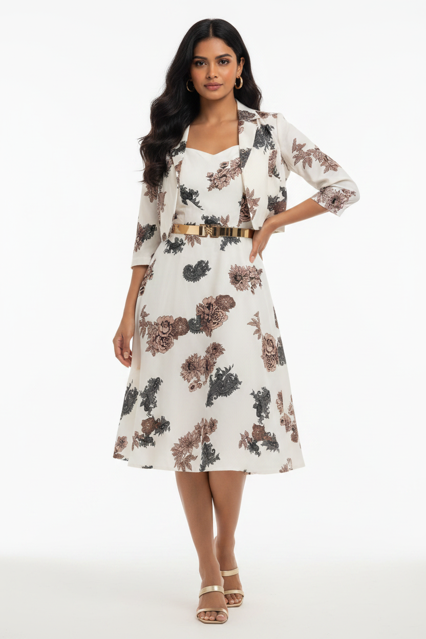 Indian model wearing white floral dress and jacket two-piece set