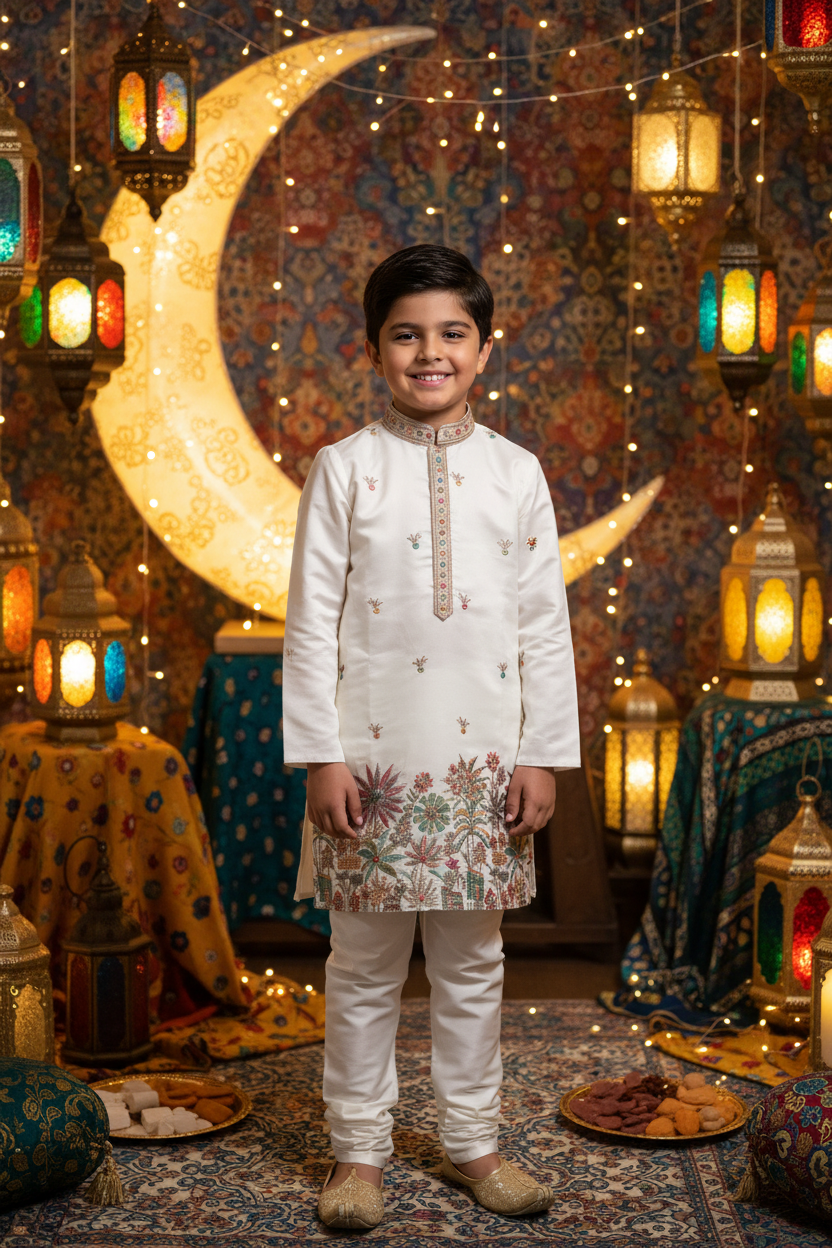 Boys White Tropical Embroidery Kurta Set – Kiwi boy model Eid festival background