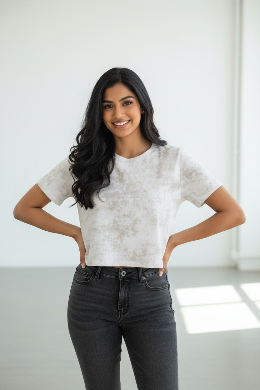 Tie-Dye Crop T-Shirt - White/Grey Indian model