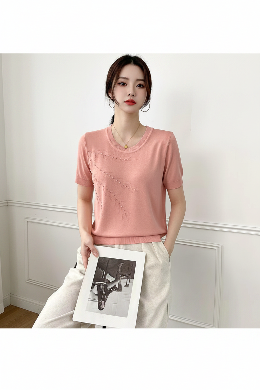 Pearl Bead Embroidered Knit Top - Pink model photo