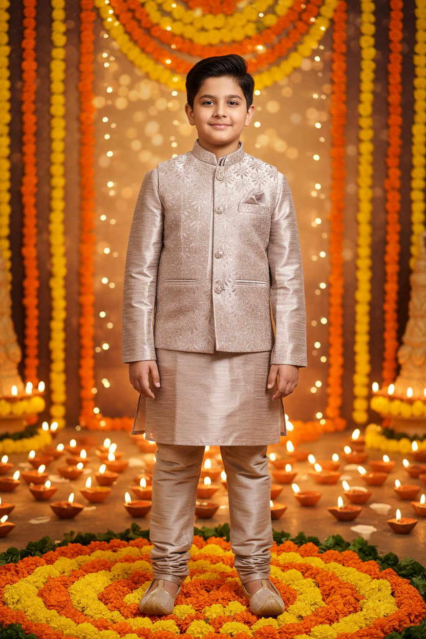 Boys Brocade Sherwani Set – Indian boy model Diwali festival background