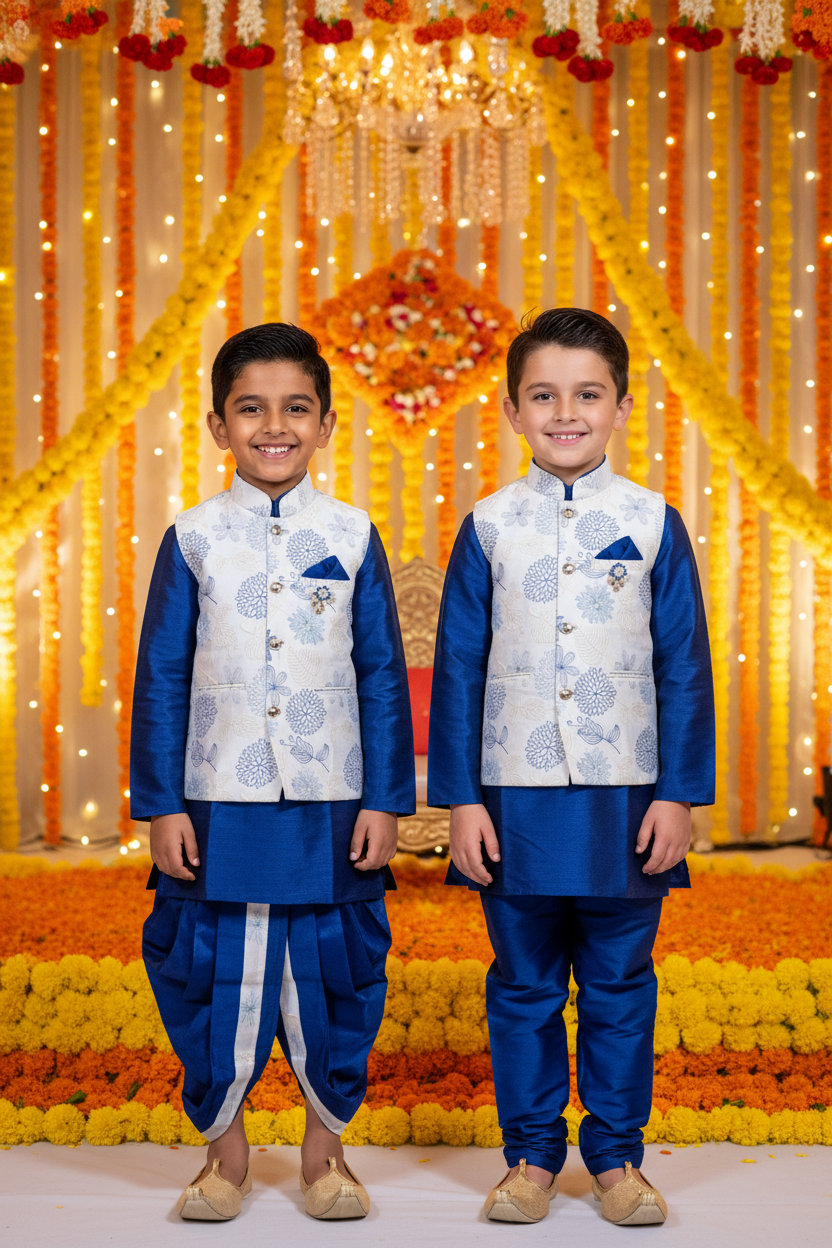 Boys Royal Blue Kurta Koti Set – Indian and Kiwi boys together wedding mandap background