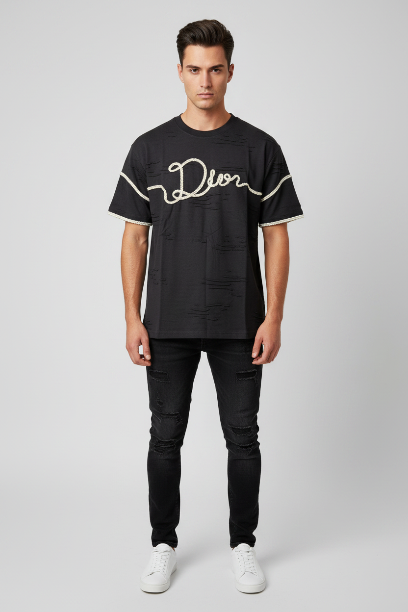 Pearl Script Embroidery Tee – Black model photo