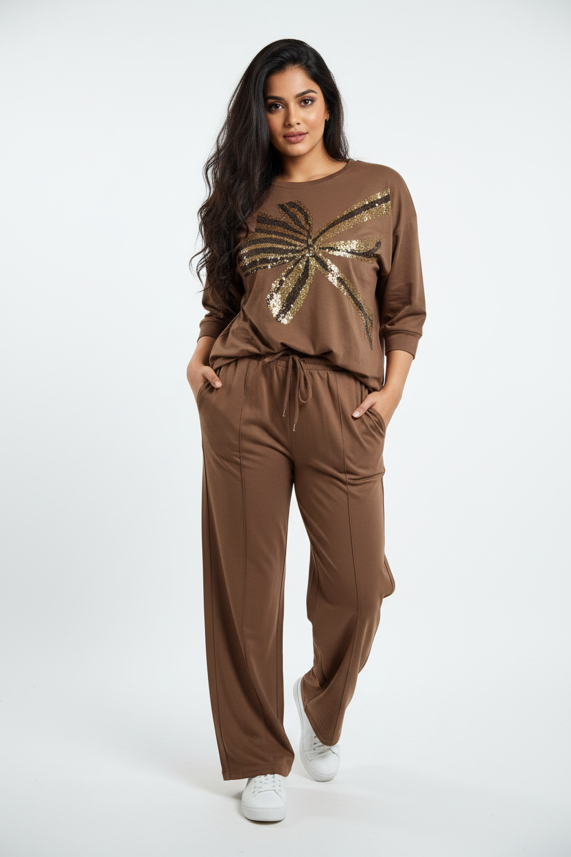 Indian model wearing brown rhinestone bow two-piece lounge set