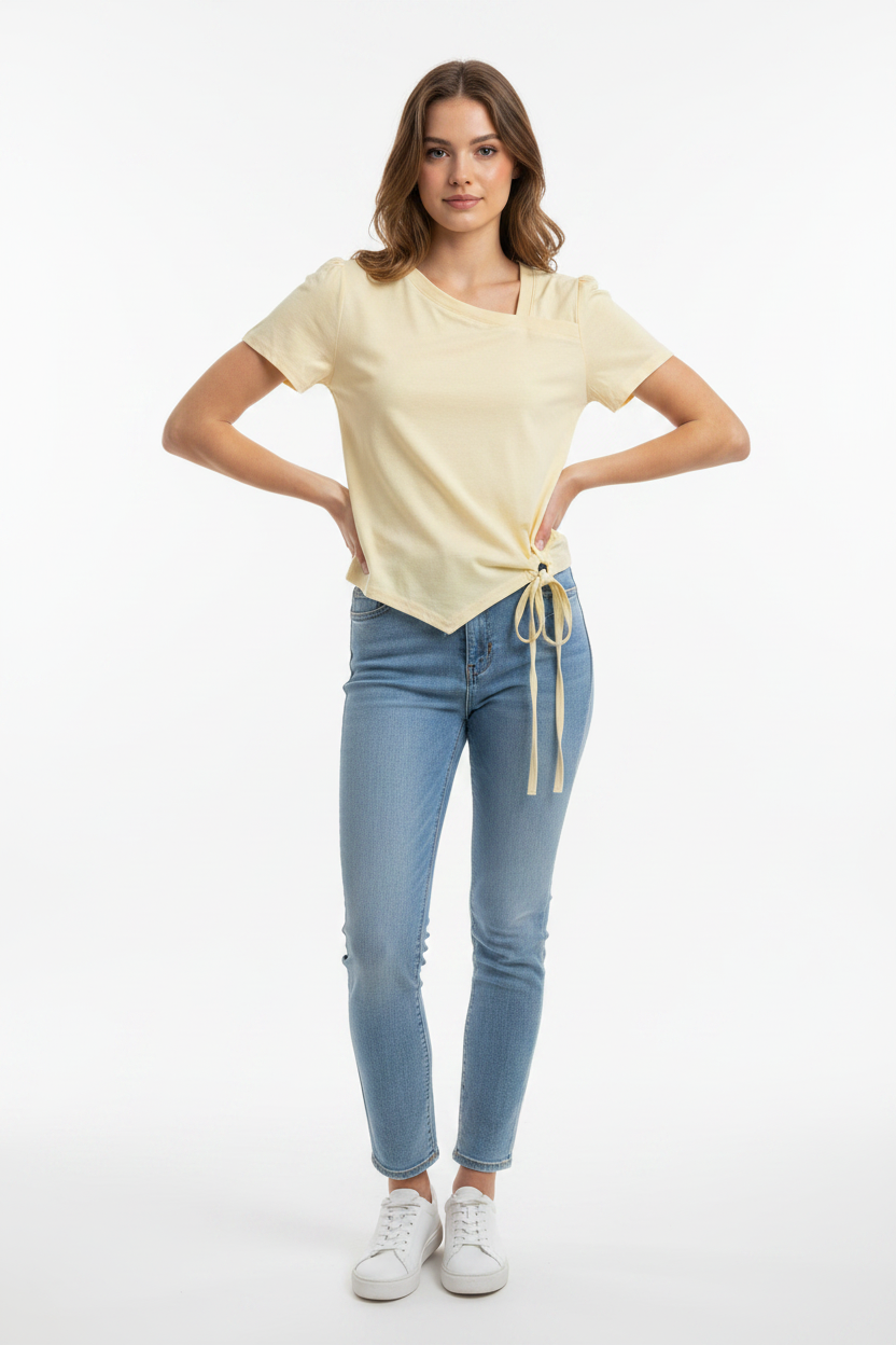 Model wearing Asymmetric Tie-Hem Top in White