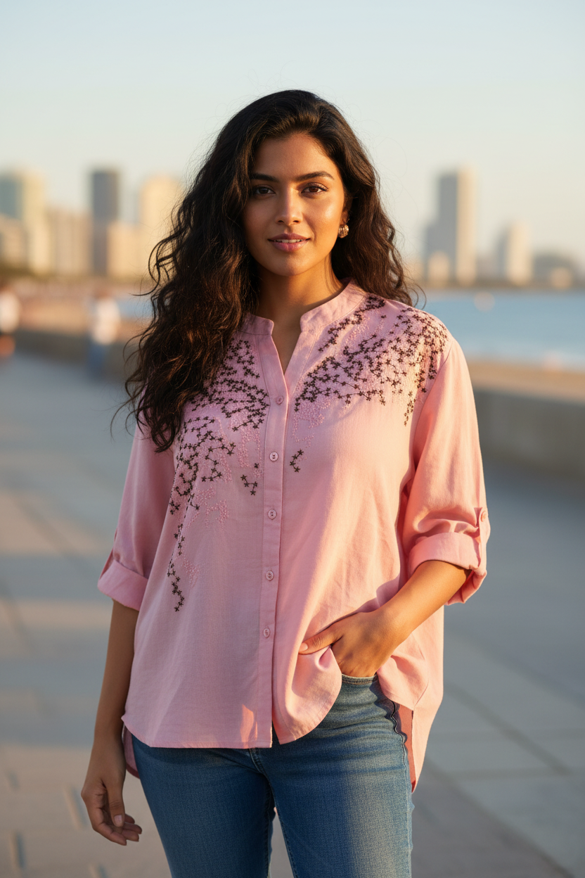 Indian model wearing pink star embroidered blouse with jeans