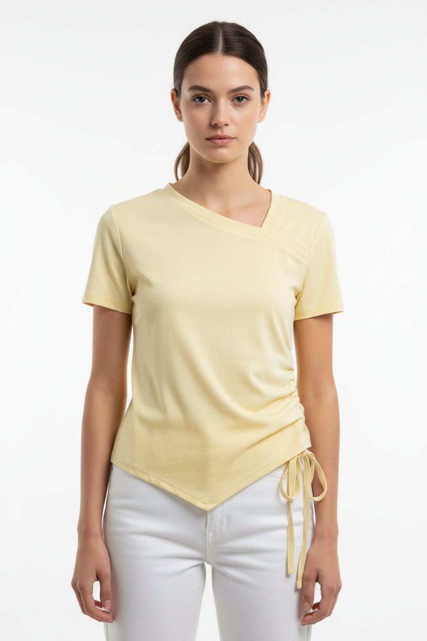 Model wearing Asymmetric Tie-Hem Top in Butter Yellow
