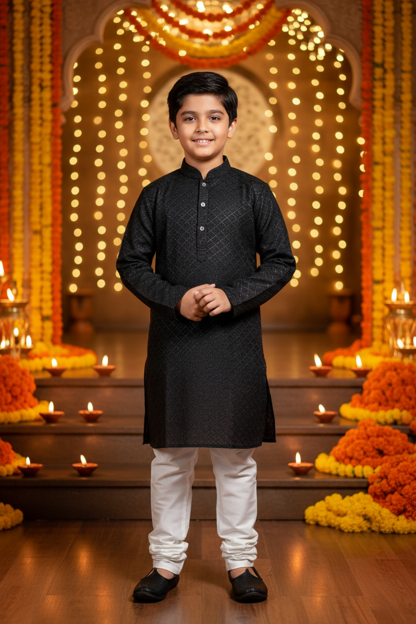Boys Charcoal Kurta Pyjama – Indian boy model Diwali festival background