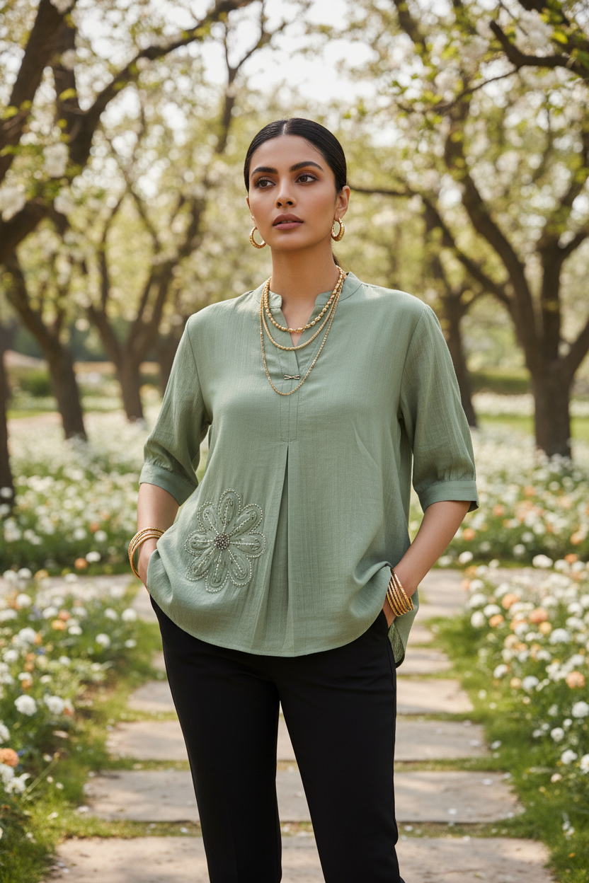 Indian model wearing sage green mandarin collar beaded top