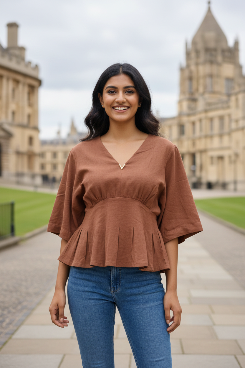 Indian model wearing rust brown peplum batwing top