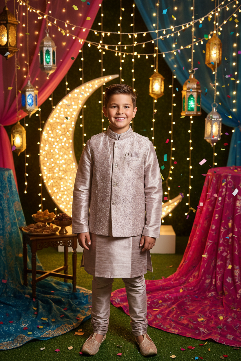 Boys Brocade Sherwani Set – Kiwi boy model Eid festival background