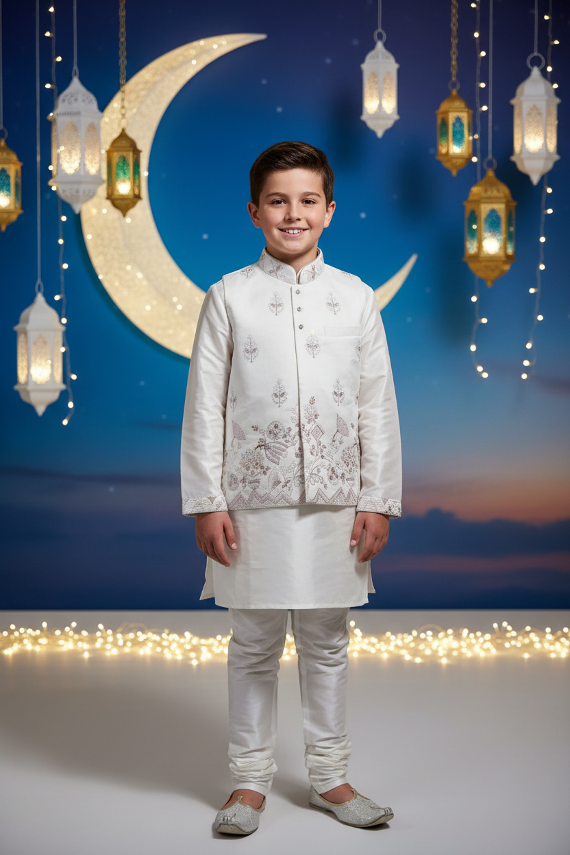 Boys White Silk Kurta Koti Set – Kiwi boy model Eid festival background