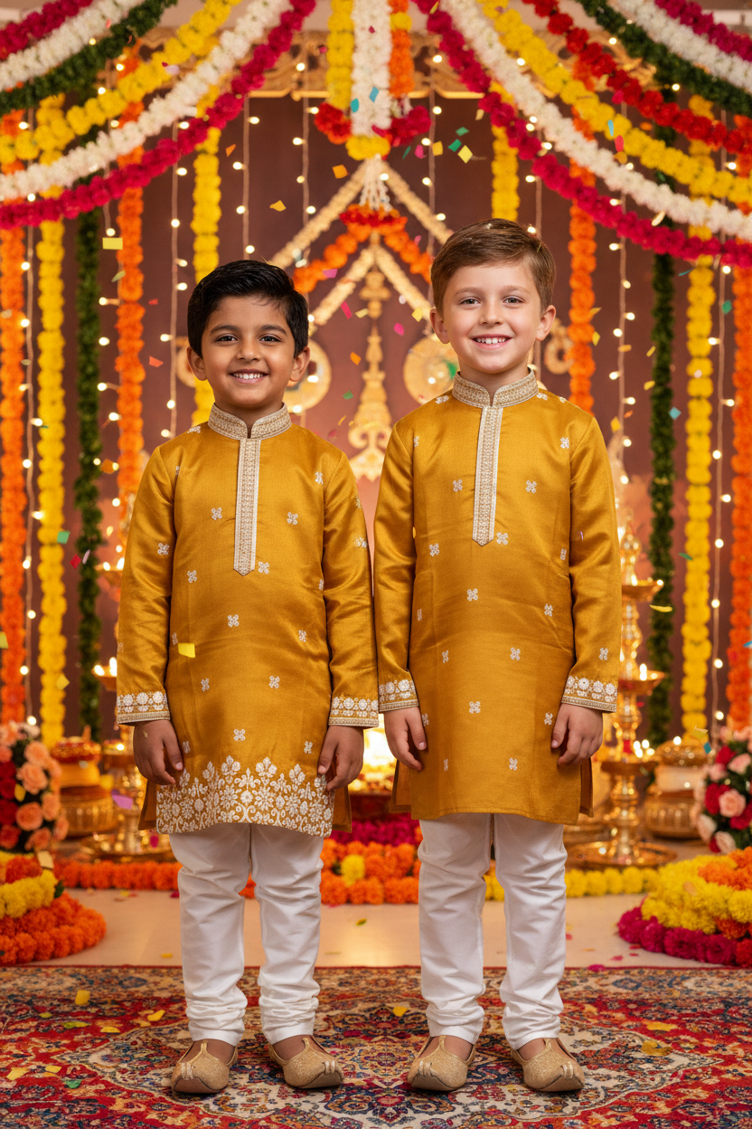 Boys Mustard Gold Kurta Set – Indian and Kiwi boys together Navratri festival background