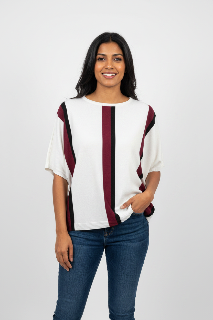 Indian Model – Burgundy Striped Knit Top