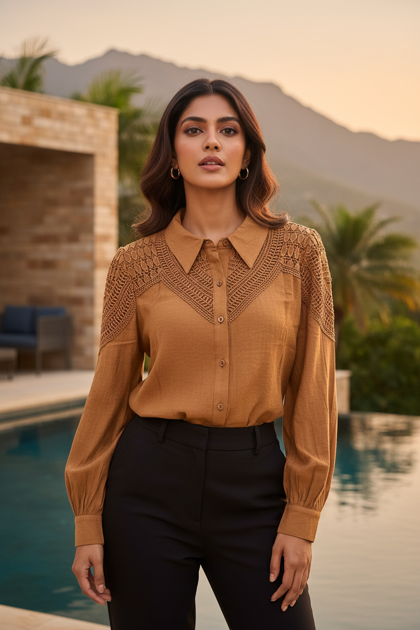 Indian model wearing brown caramel crochet lace yoke shirt