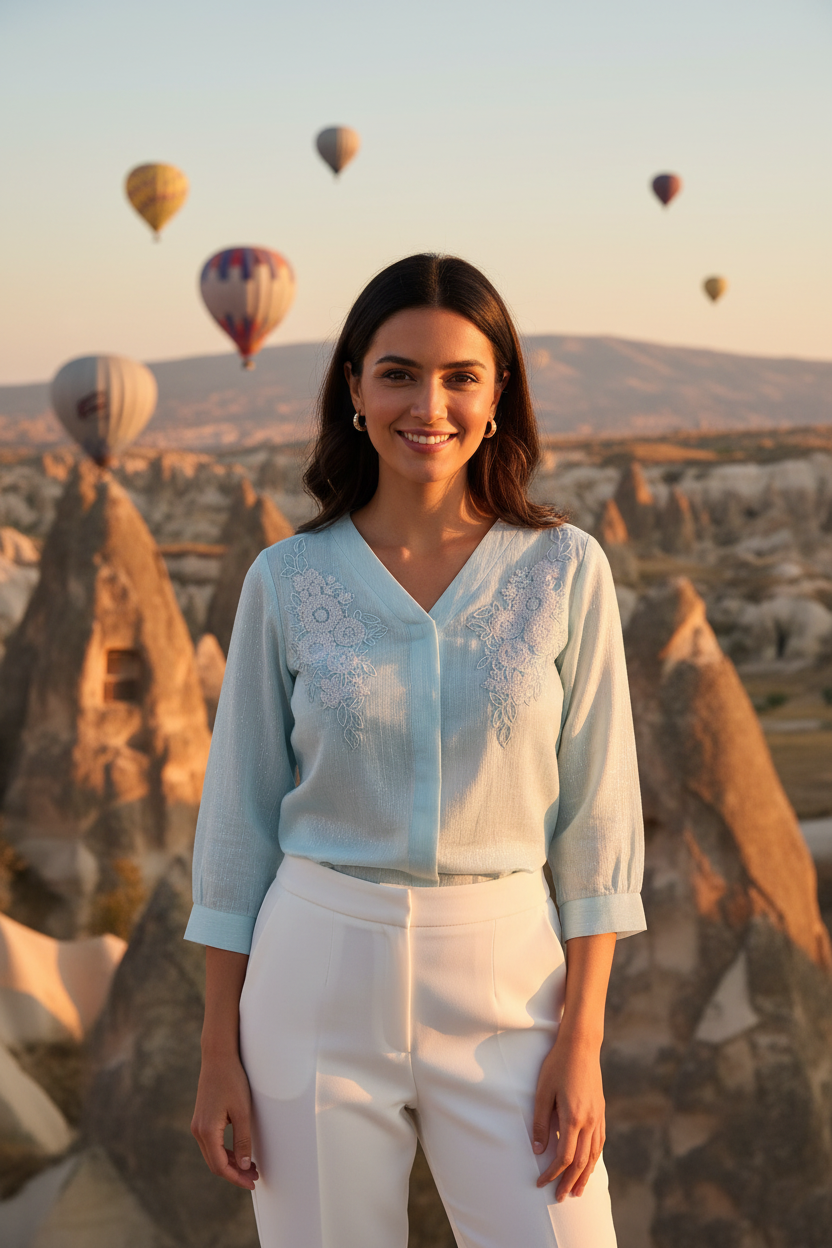 Light Blue Embroidered Shimmer Blouse - Model