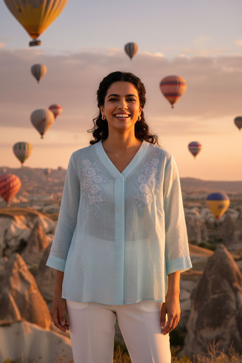 Light Blue Embroidered Shimmer Blouse - Untucked