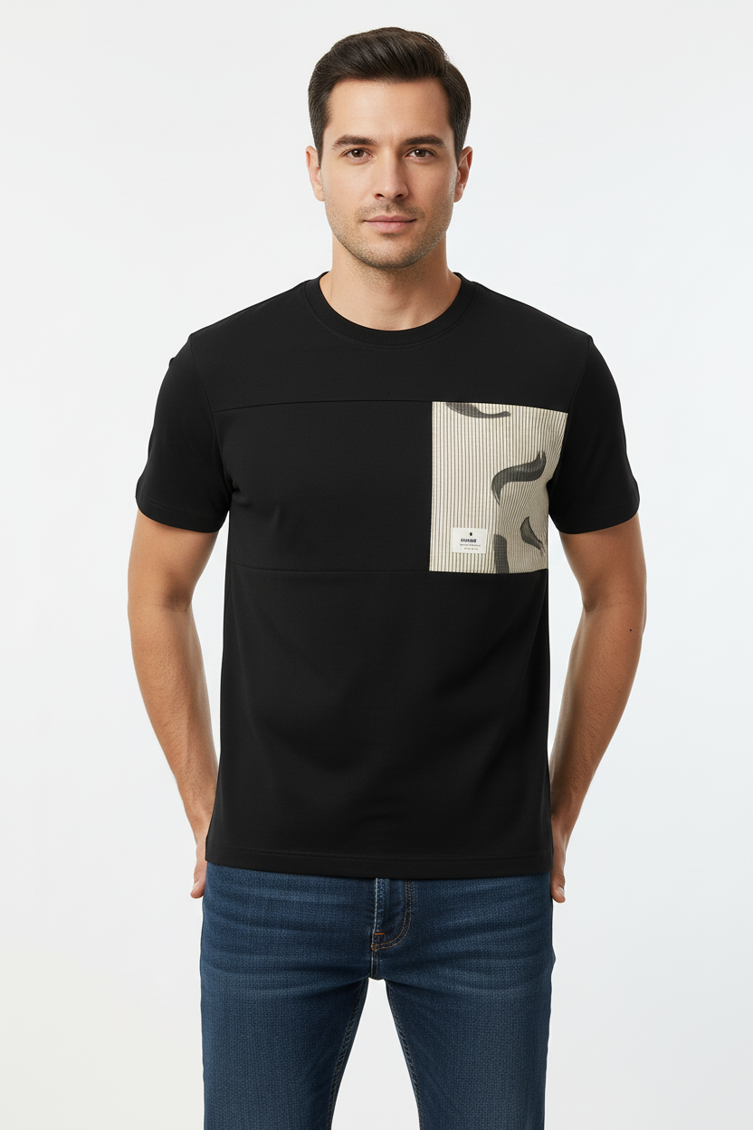 Man wearing black contrast panel t-shirt - front view