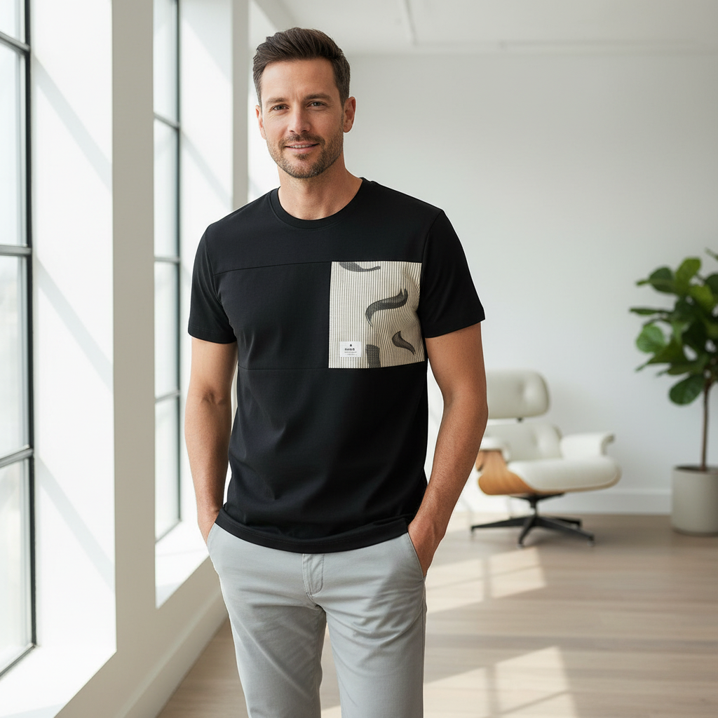 Man wearing black contrast panel t-shirt - lifestyle photo