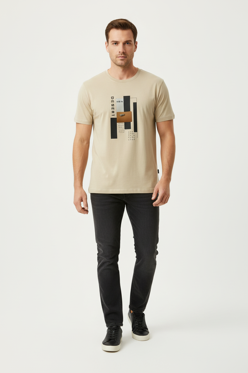 Man wearing Desert t-shirt - front view