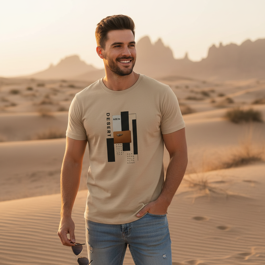 Man wearing Desert t-shirt - lifestyle photo