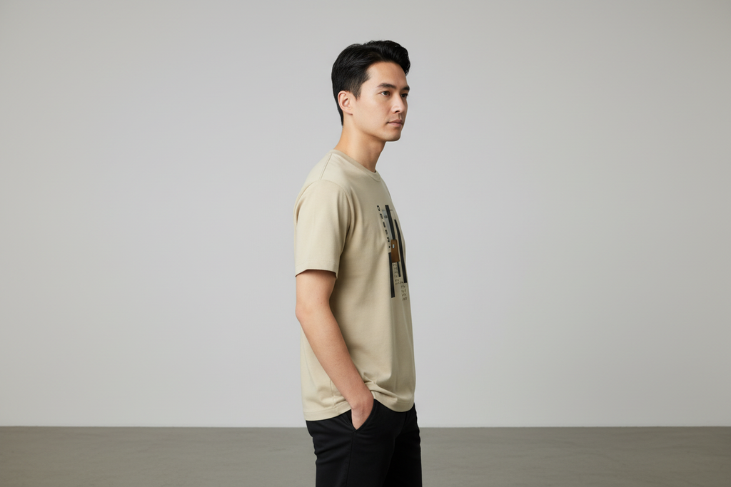 Man wearing Desert t-shirt - side view