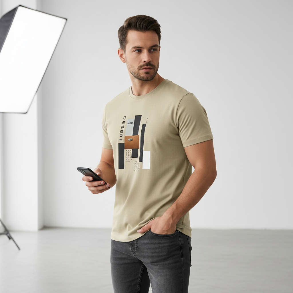 Man wearing Desert t-shirt - three-quarter view