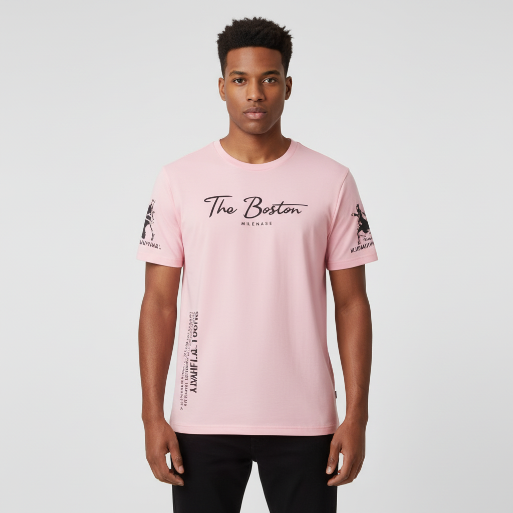 Man wearing The Boston pink t-shirt