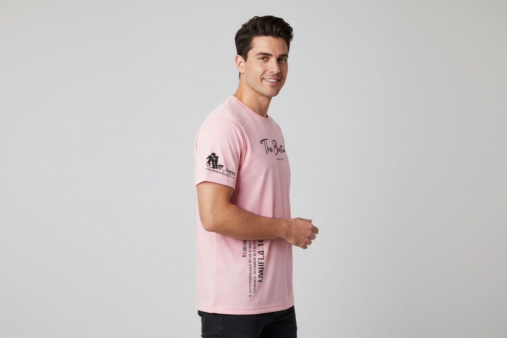 Man wearing The Boston t-shirt - side view