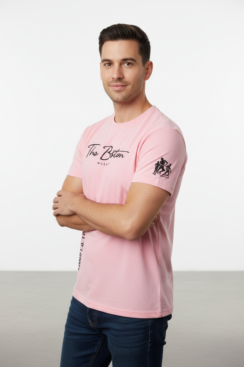 Man wearing The Boston t-shirt - three-quarter view