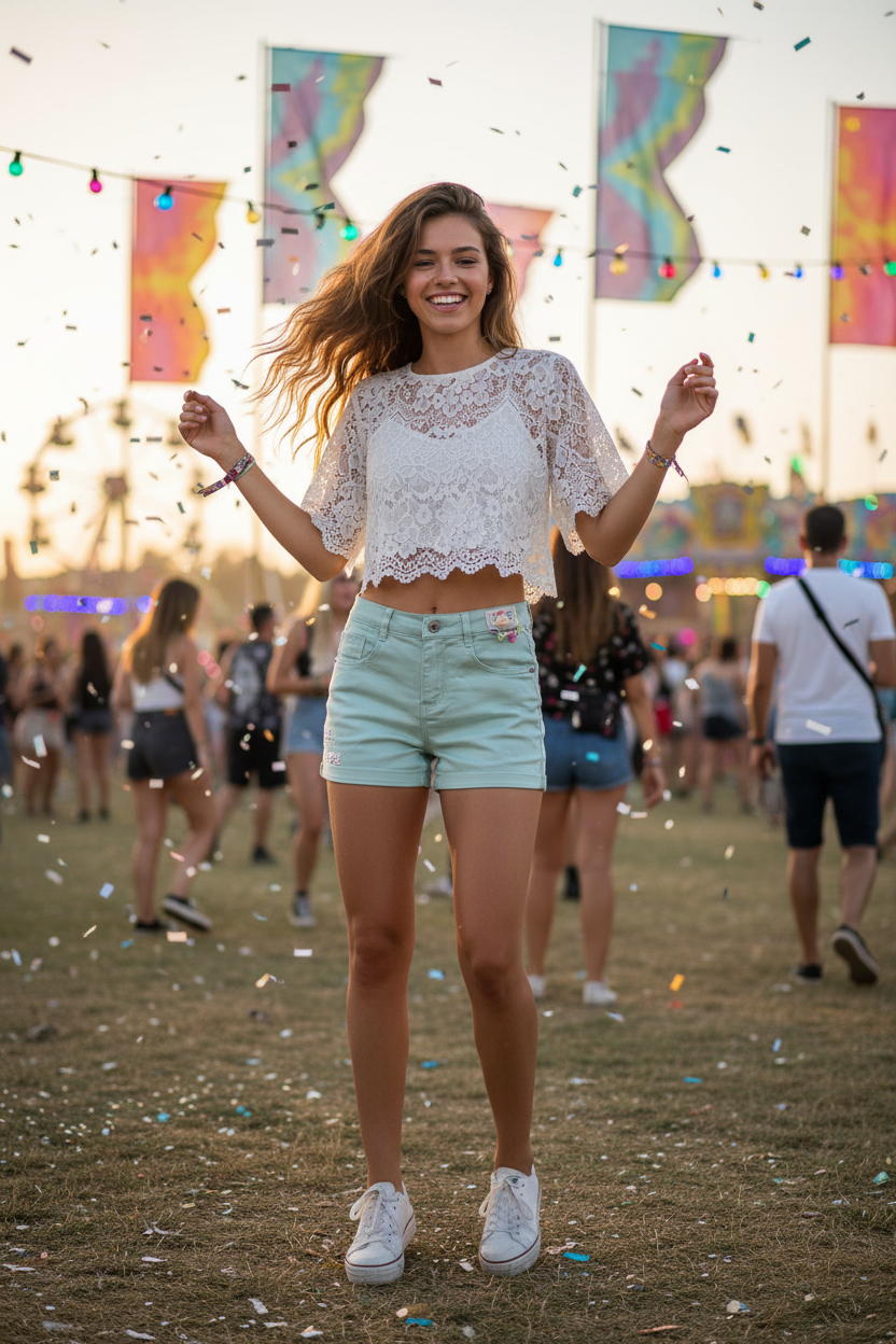 Model at festival wearing mint green shorts