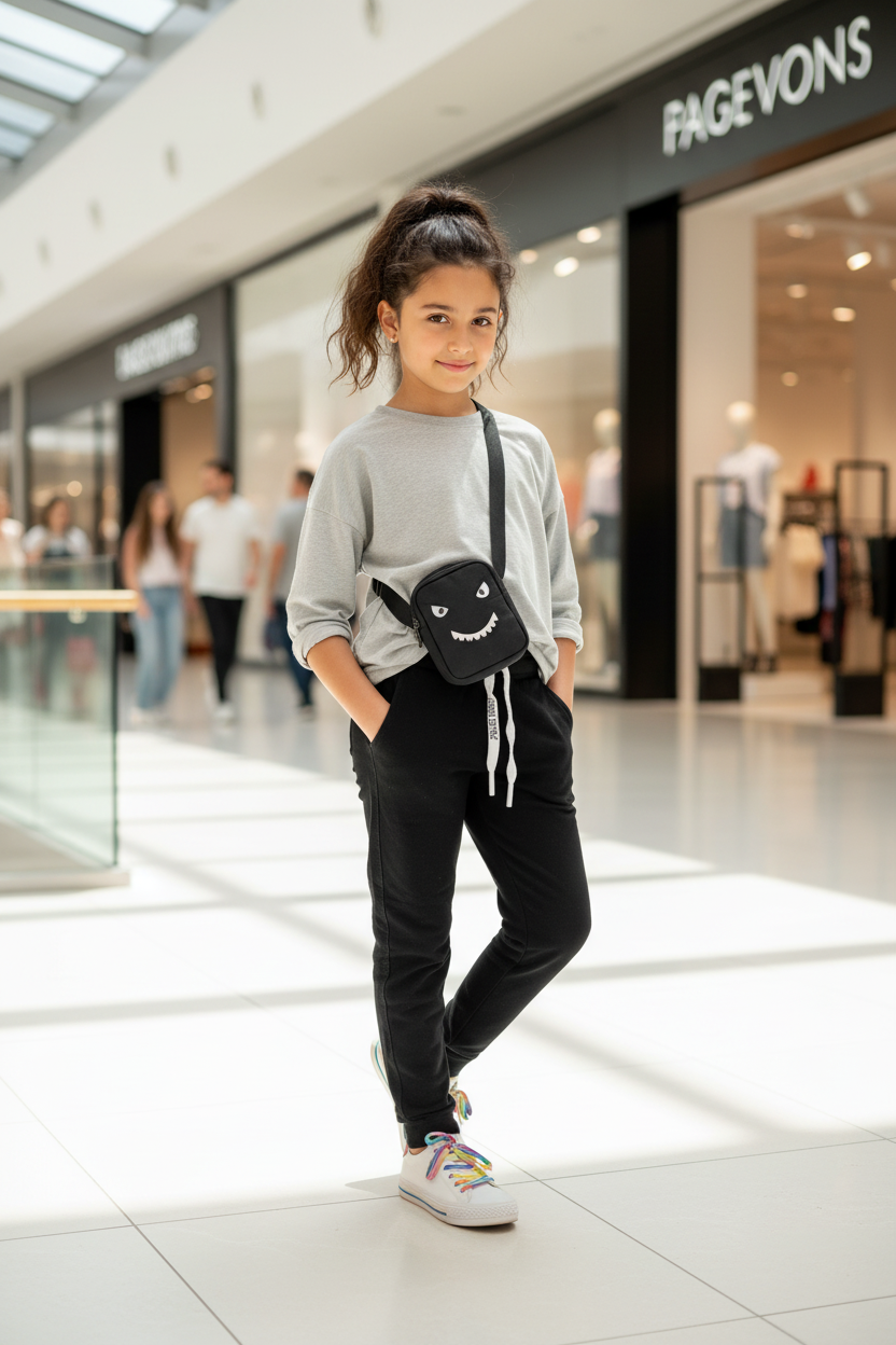 Model at mall wearing black joggers
