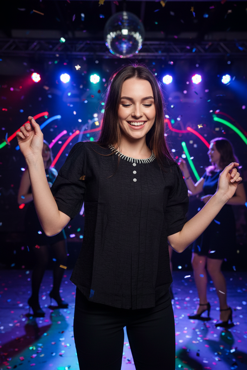 Model at party wearing black top