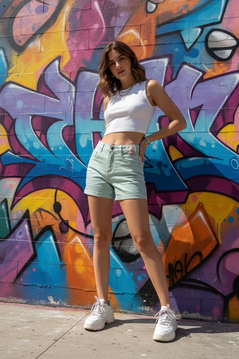 Model at street art wall wearing mint green shorts