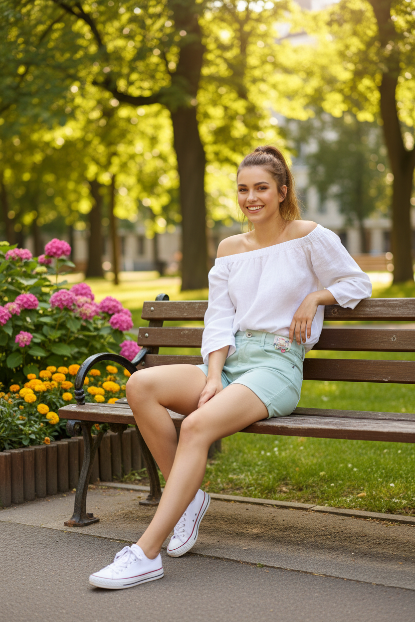 Model in park wearing mint green shorts