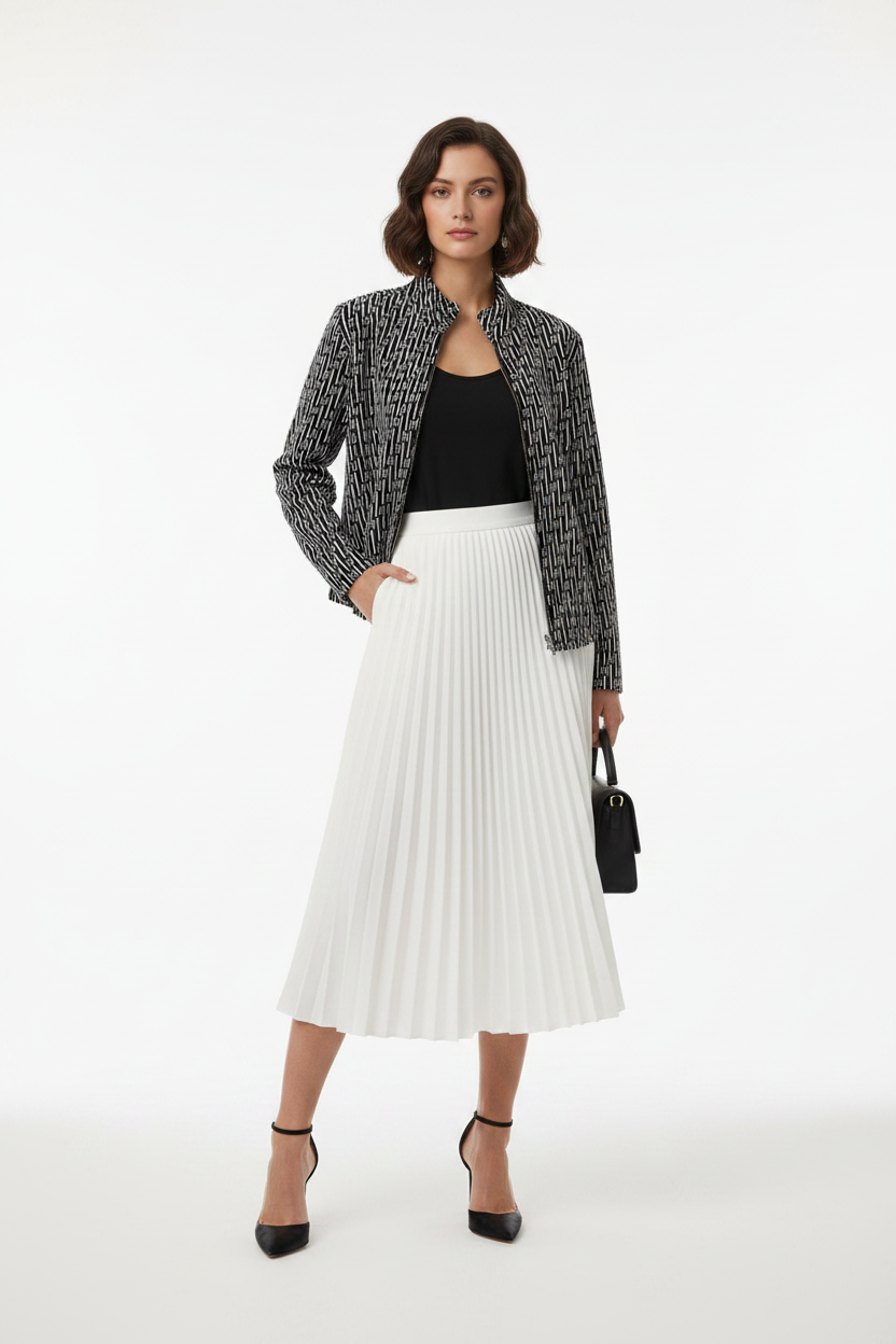 Model with white midi skirt