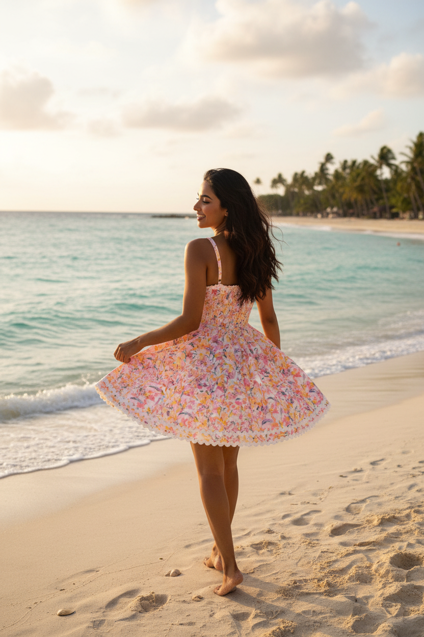 Pink orange dress - walking