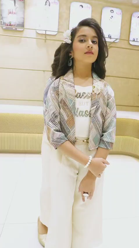 Girls Grey Plaid Blazer & Cream Palazzo Pants Set - Formal Wear